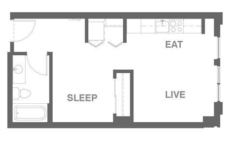 Floor plan for 1 bed, 1 bath, 457 sqft